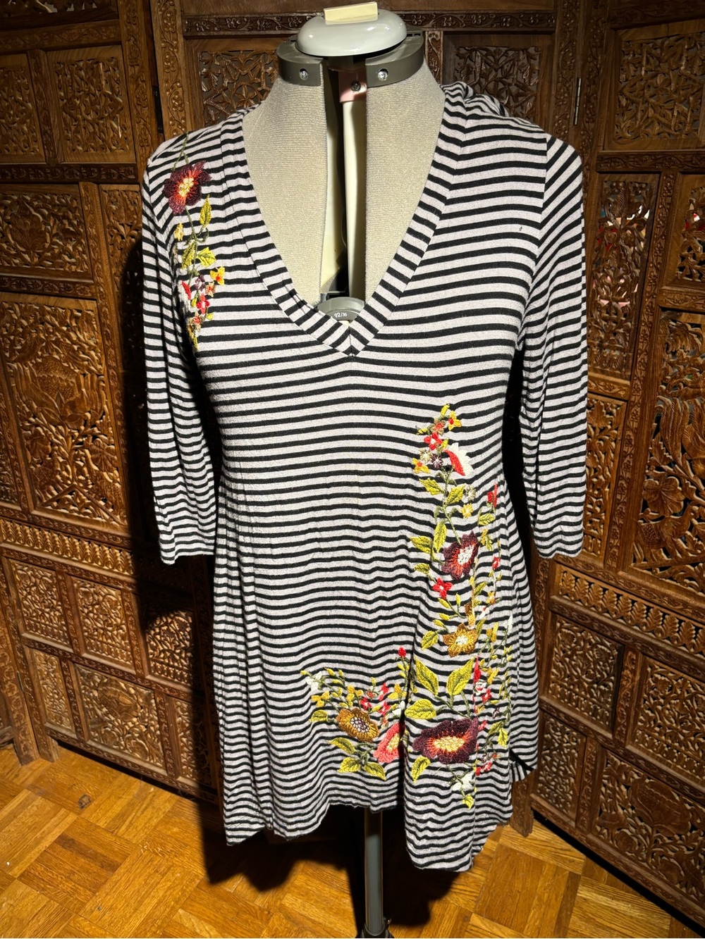 Soft Surroundings Black & White Striped V‑Neck Tunic with Floral Embroidery